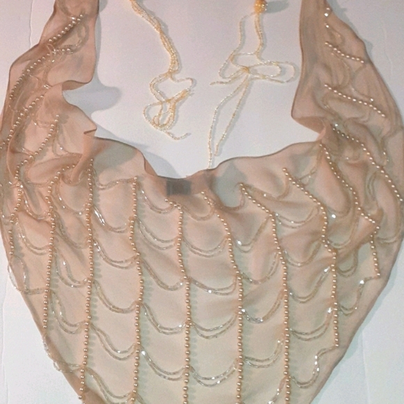 de DUBA SILK Scarf Wrap Head PEARL Tasseled Fringe & Ball in Champagn Classy Gal